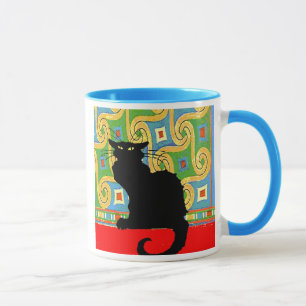 Schwarze Katze auf Abstraktem Wallpaper, Schwarze  Tasse