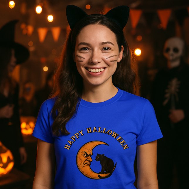 Schwarze Katze auf Angry Crescent Moon Halloween T-Shirt (Von Creator hochgeladen)