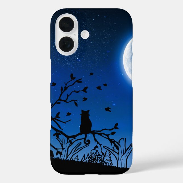 Schwarze Katze auf Baum-Silhouette im Mondlicht iPhone 16 Hülle (Rückseite)