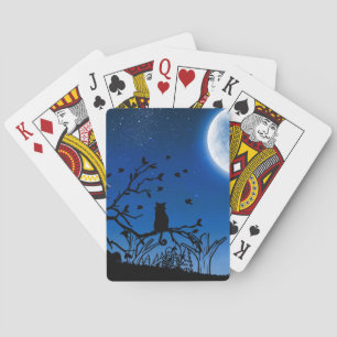 Schwarze Katze auf Baum-Silhouette im Mondlicht Spielkarten