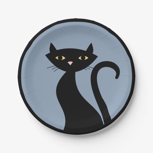 Schwarze Katze auf blau Pappteller (Vorderseite)
