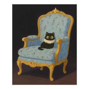 Schwarze Katze auf blauem Blumenarmlehnstuhl Fotodruck