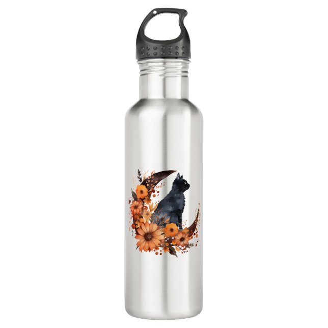Schwarze Katze auf Blumenmoon Pumpkin Schwarze Kat Edelstahlflasche (Vorderseite)