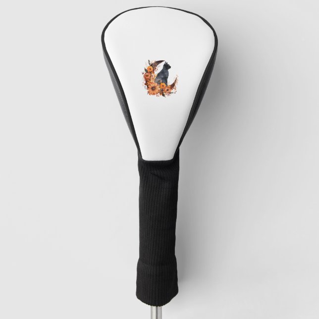 Schwarze Katze auf Blumenmoon Pumpkin Schwarze Kat Golf Headcover (Vorderseite)