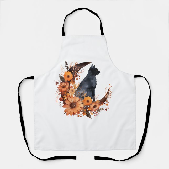 Schwarze Katze auf Blumenmoon Pumpkin Schwarze Kat Schürze (Vorderseite)