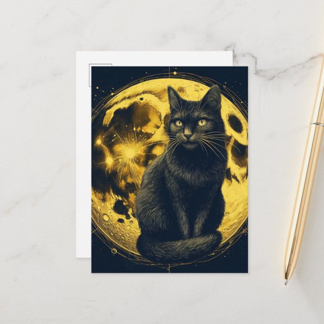 Schwarze Katze auf dem Mond Postkarte (Vorderseite/Rückseite Beispiel)