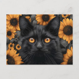 Schwarze Katze auf dem Sonnenblumenfeld Postkarte