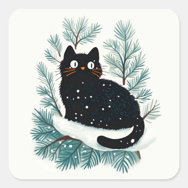 Schwarze Katze auf dem Weihnachtsbaum niedlich Quadratischer Aufkleber (Vorderseite)