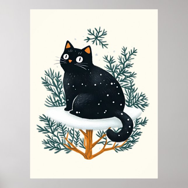 Schwarze Katze auf dem Weihnachtsbaum Poster (Vorne)