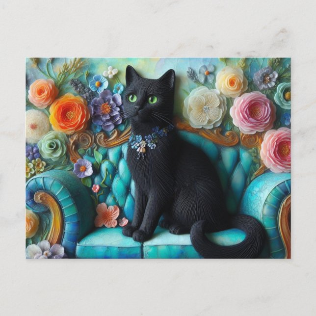 Schwarze Katze auf der Couch Postkarte (Vorderseite)