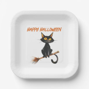 Schwarze Katze auf einem Hexenglühenden glückliche Pappteller