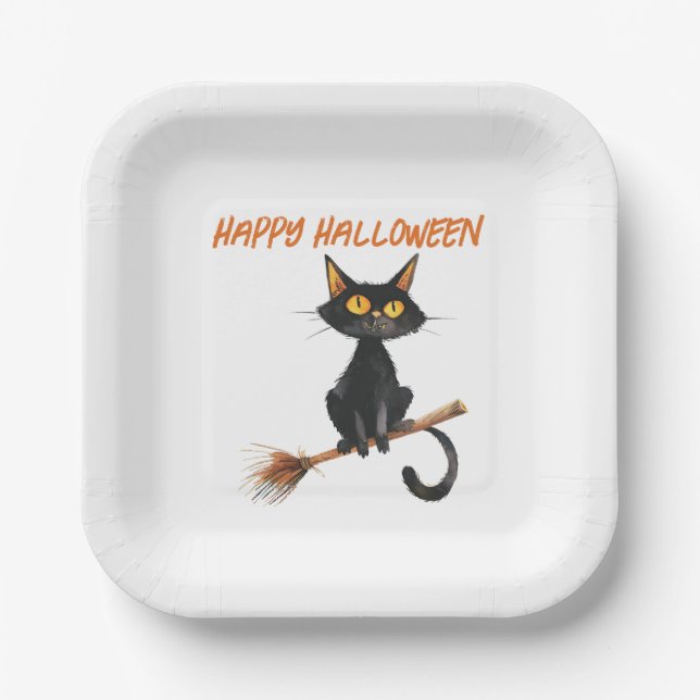 Schwarze Katze auf einem Hexenglühenden glückliche Pappteller (Vorderseite)