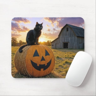 Schwarze Katze auf einem Kürbis-Strohballen Mousepad