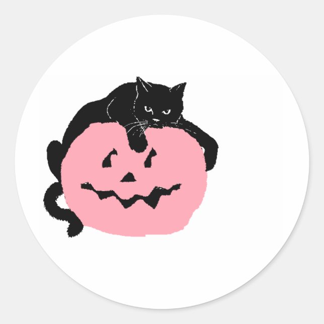 Schwarze Katze auf einem rosa Kürbis Runder Aufkleber (Vorderseite)