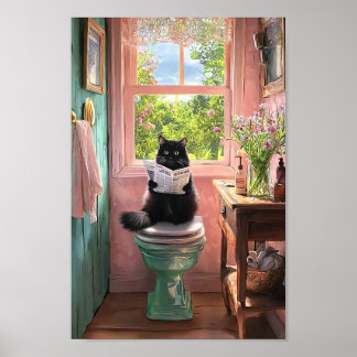 Schwarze Katze auf einem Sitzplatz Reading Papers Poster