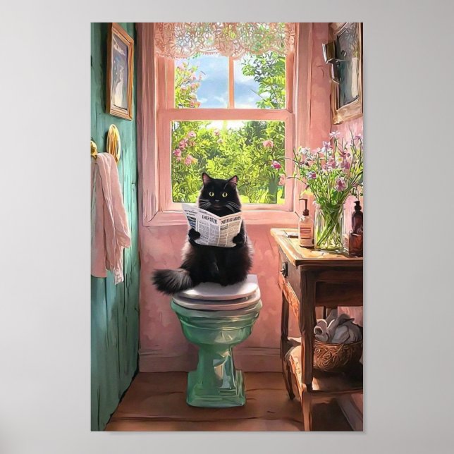 Schwarze Katze auf einem Sitzplatz Reading Papers Poster (Vorne)