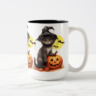 Schwarze Katze auf einem Wagen Zweifarbige Tasse
