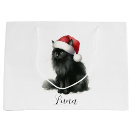 Schwarze Katze auf festlichem Weihnachtsmannmütze Große Geschenktüte