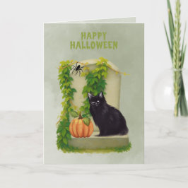 Schwarze Katze auf Grab Happy Halloween Karte