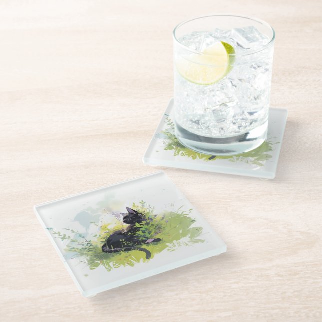 Schwarze Katze auf Gras-Glas-Untersetzer Glasuntersetzer (Schrägansicht)