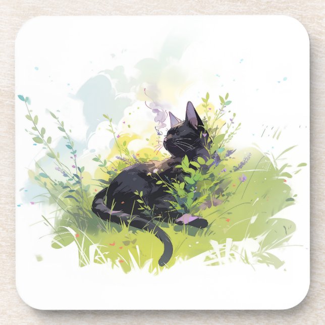 Schwarze Katze auf grashartem Kunststoff-Untersetz Getränkeuntersetzer (Vorderseite)