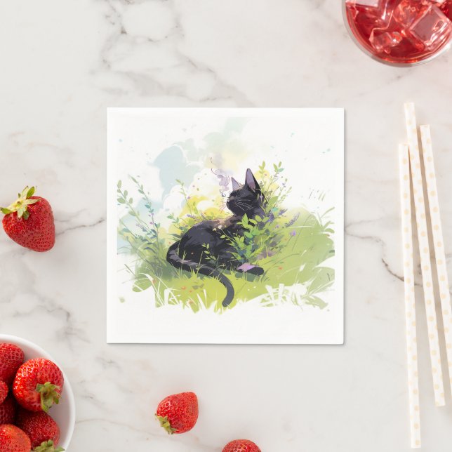Schwarze Katze auf Graspapier Napkins Serviette (Beispiel)
