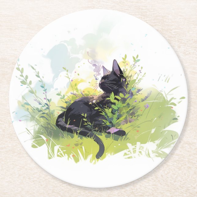 Schwarze Katze auf Graspapier-Untersetzer Runder Pappuntersetzer (Vorderseite)