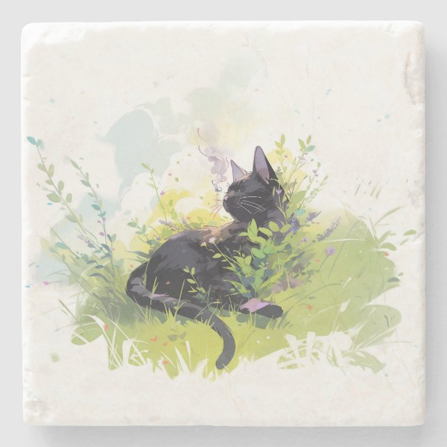 Schwarze Katze auf Grasstein-Untersetzer Steinuntersetzer (Vorderseite)
