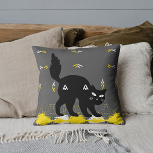 Schwarze Katze auf grauweißgelber Niedlicher Moder Kissen