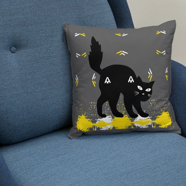 Schwarze Katze auf grauweißgelber Niedlicher Moder Kissen (Von Creator hochgeladen)