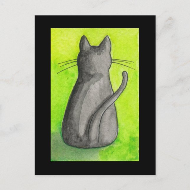 Schwarze Katze auf grüner Postkarte (Vorderseite)