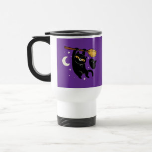 Schwarze Katze auf Halloween-Reiserücken Reisebecher
