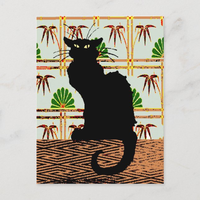 Schwarze Katze auf japanischem Wandpapier Postkarte (Vorderseite)
