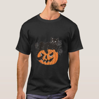 Schwarze Katze auf Kürbis für Katzen Halloween T-Shirt