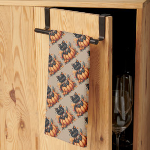 Schwarze Katze auf Kürbis mit Herbst-Quilt-Muster Geschirrtuch