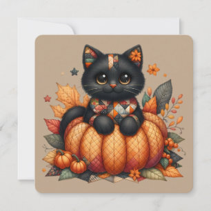 Schwarze Katze auf Kürbis mit Herbst-Quiltmuster Einladung