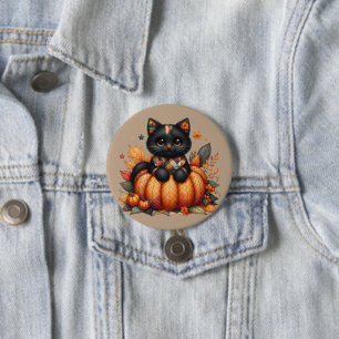 Schwarze Katze auf Kürbis mit Herbstquiltmuster Button