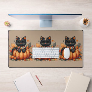 Schwarze Katze auf Kürbis mit Herbstquiltmuster Schreibtischunterlage