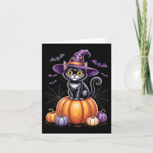 Schwarze Katze auf Kürbis mit Hexenhut Halloween Karte