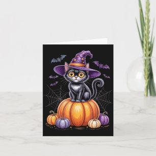 Schwarze Katze auf Kürbis mit Hexenhut Halloween Karte