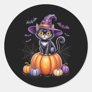 Schwarze Katze auf Kürbis mit Hexenhut Halloween Runder Aufkleber