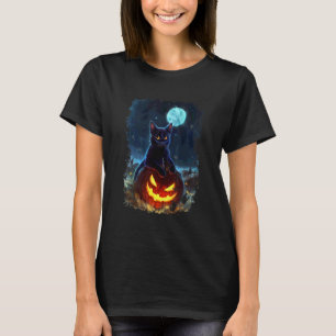 Schwarze Katze auf Kürbis Vollmond Halloween-Kostü T-Shirt