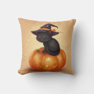 Schwarze Katze auf Kürbiskäfer Halloween-Kissen Kissen