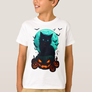Schwarze Katze auf Kürbissen unter Vollmond – Grus T-Shirt