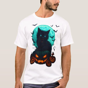 Schwarze Katze auf Kürbissen unter Vollmond – Grus T-Shirt