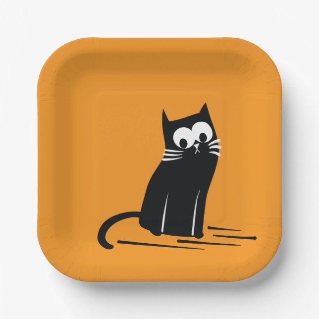 Schwarze Katze auf Orange – Kinder  Pappteller (Vorderseite)