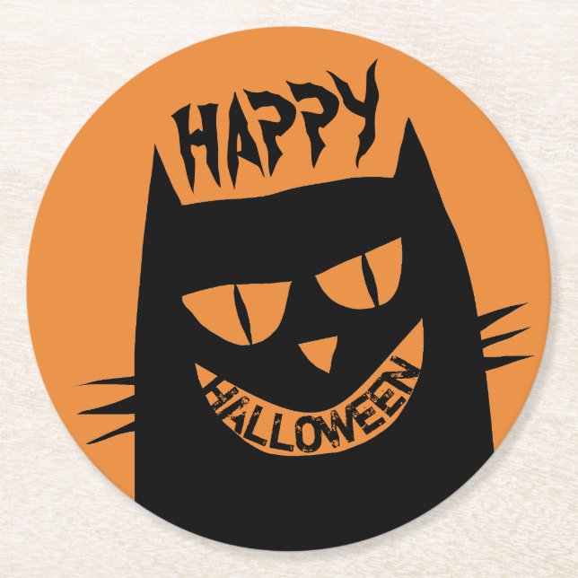Schwarze Katze auf Orange Runder Pappuntersetzer (Vorderseite)