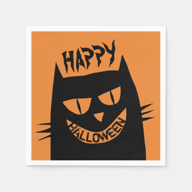 Schwarze Katze auf Orange Serviette (Vorderseite)