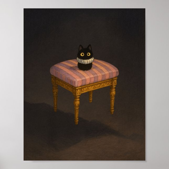 Schwarze Katze auf rosa Streifen Stuhlkunst drucke (Vorne)
