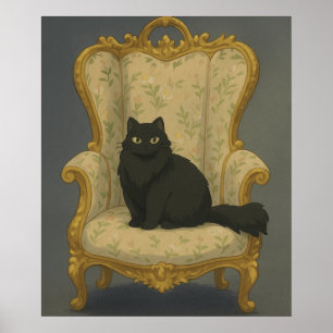 Schwarze Katze auf verziertem Sessel – Elegantes G Poster